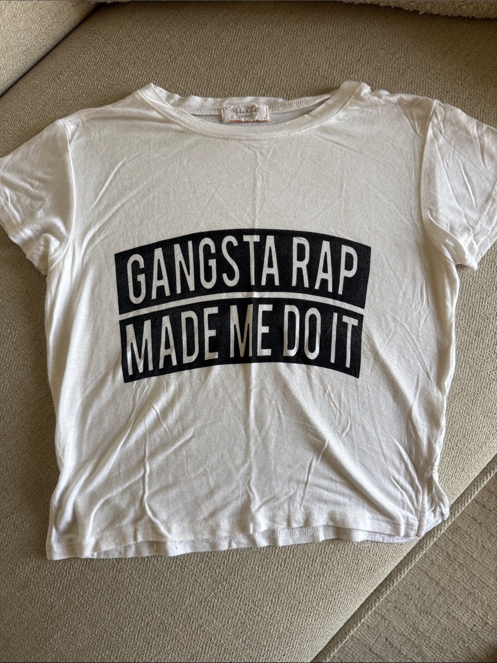 Women’s White Graphic Tee - "Gangsta Rap Made Me Do It"